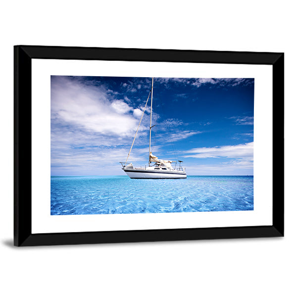 Single-masted White Sailboat on Turquoise Water Canvas Wall Art