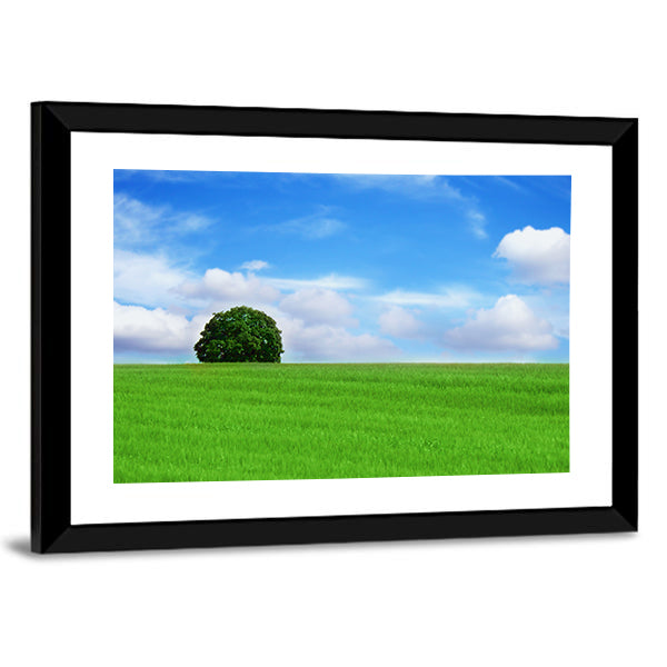 Lone Tree in Vibrant Green Field Canvas Wall Art