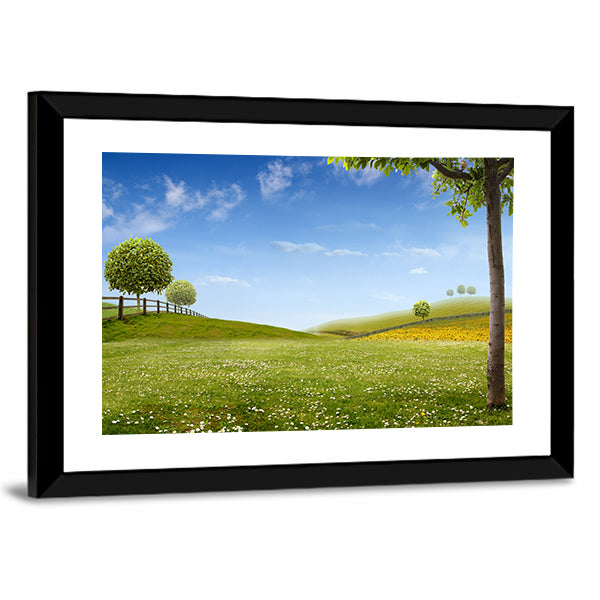 Summer Green Fields with Daisies Canvas Wall Art