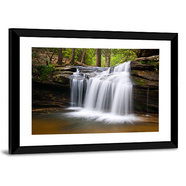 Cascading Forest Waterfall Over Layered Rocks Canvas Wall Art