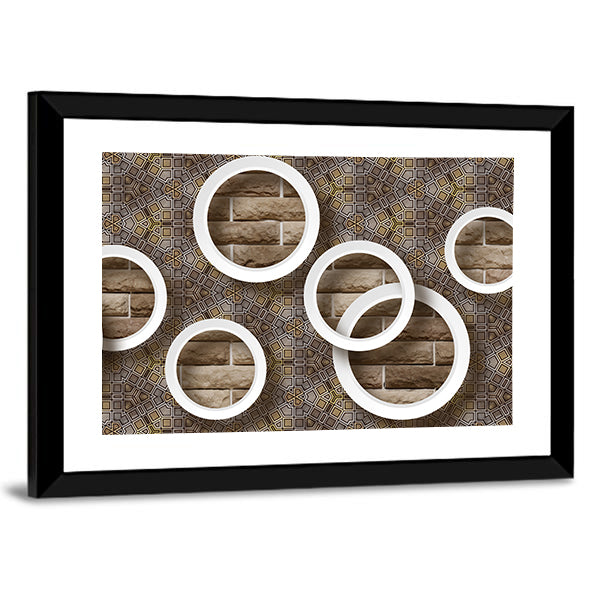 3d White Rings Over Brick Geometric Mural Canvas Wall Art