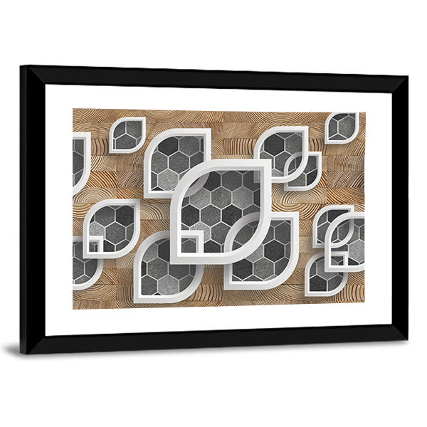 Layered Geometric Leaves with Wood Grain Canvas Wall Art