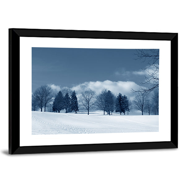 Snowy Field with Evergreens and Tracks Canvas Wall Art