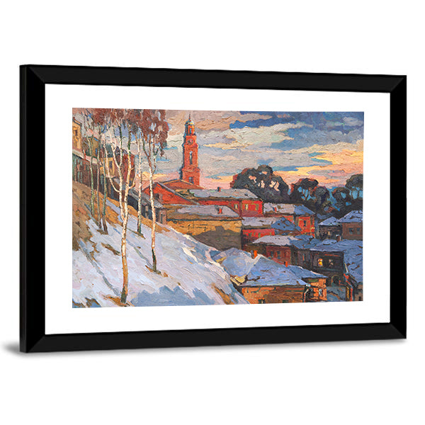 Snowy Hillside Town with Belfry Tower Canvas Wall Art
