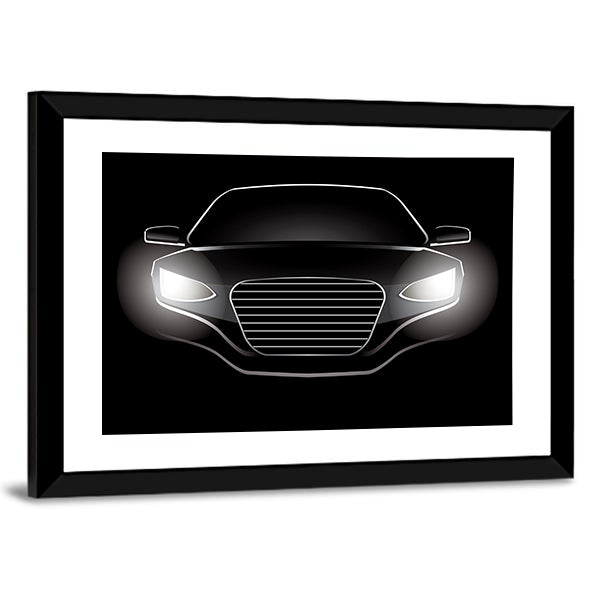 Black Car Silhouette with Glowing Headlights Canvas Wall Art