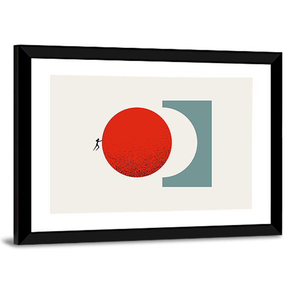 Silhouette Pushing Red Circle Canvas Wall Art