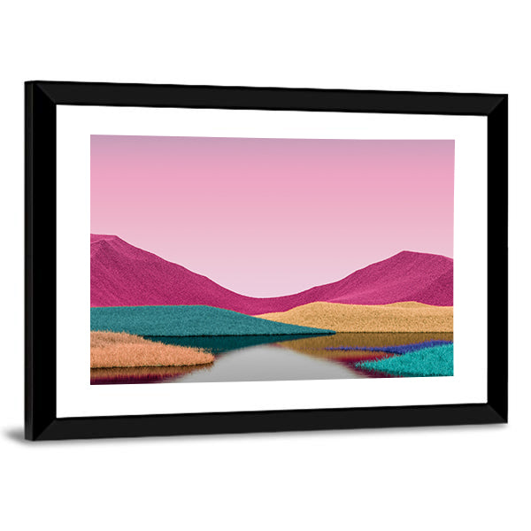 Surreal Pink Mountains with Reflective Lake Canvas Wall Art