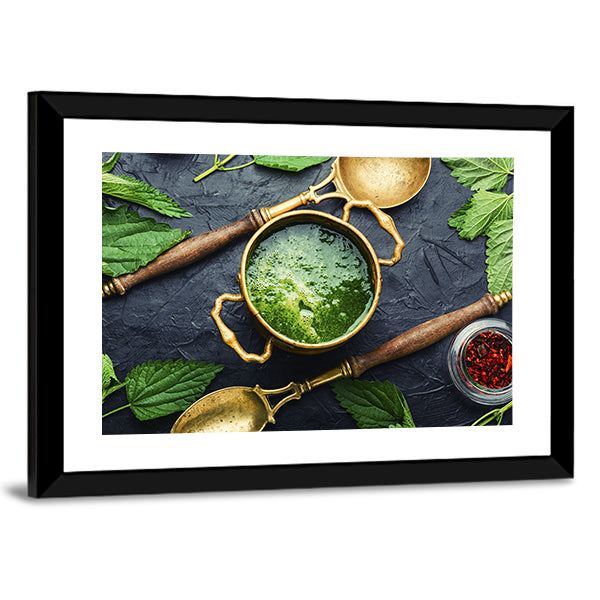 Green Nettle Soup in Brass Pot Canvas Wall Art