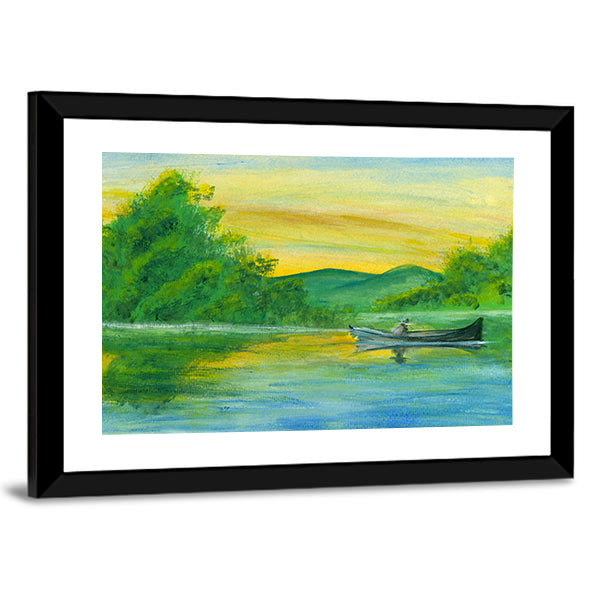 Watercolor Lake with Rowboat at Sunrise Canvas Wall Art