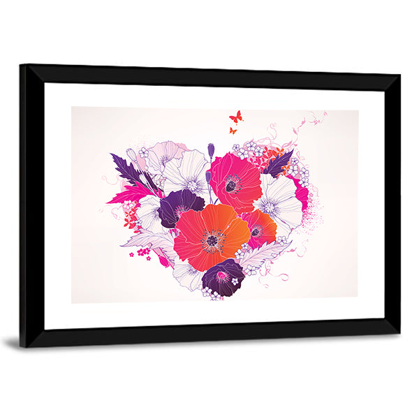 Colorful Floral Heart with Poppies Canvas Wall Art