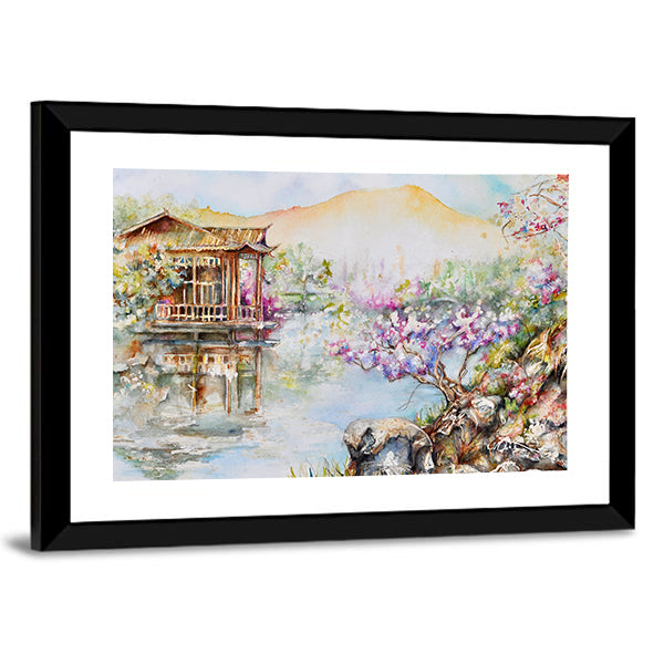 West Lake Stilt House with Pink Blossoms Canvas Wall Art