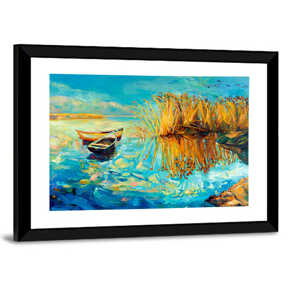 Two Rowboats at Golden Reeds Canvas Wall Art