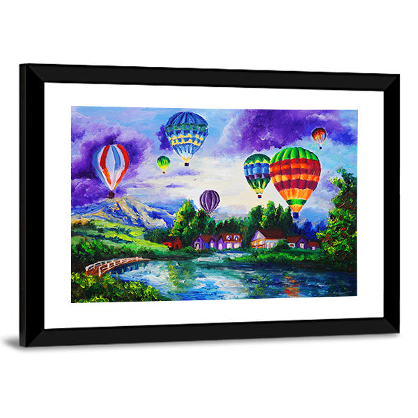 Hot Air Balloons Over River Village Canvas Wall Art