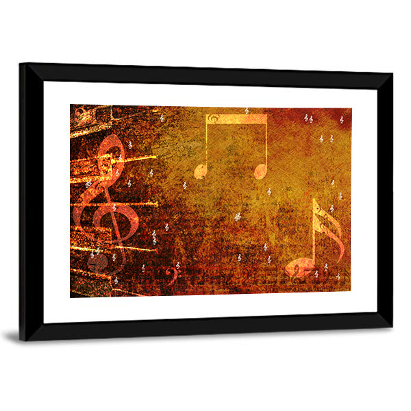 Grunge Music Notes with Golden-orange Glow Canvas Wall Art