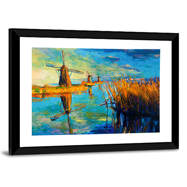 Windmill Landscape at Sunset Canvas Wall Art