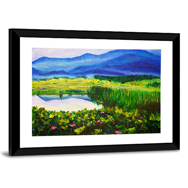Summer Mountain Lake with Lotus Canvas Wall Art