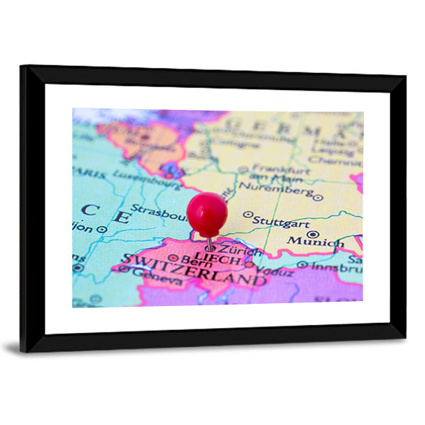 Red Pushpin on Map of Switzerland Canvas Wall Art