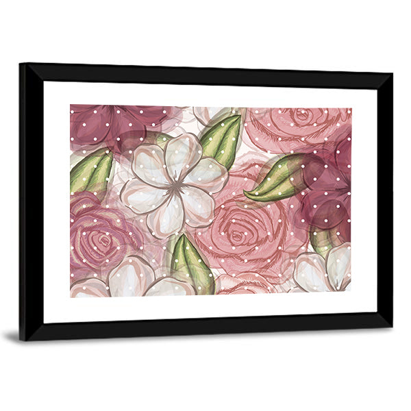 Pink Roses and White Blossoms Pattern Canvas Wall Art