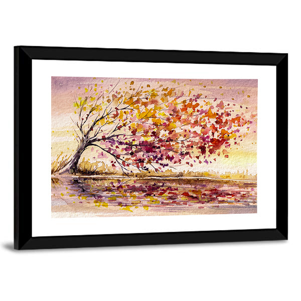Wind-swept Autumn Tree by the Lake Canvas Wall Art