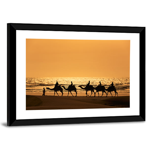Silhouette Of Dromedary And Tourists At Sunset Morocco Canvas Wall Art