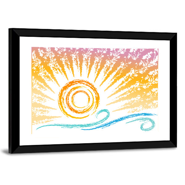 Stylized Sun and Ocean Waves Canvas Wall Art