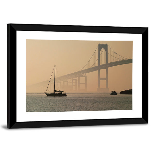 Hazy Suspension Bridge with Sailboat Canvas Wall Art