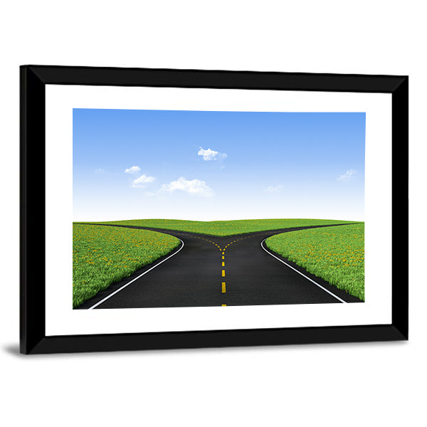 Forked Road in Sunlit Meadows Canvas Wall Art