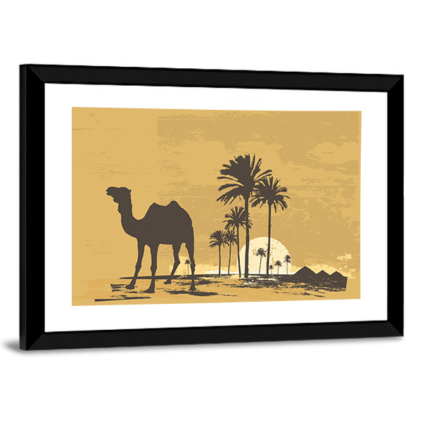 African Desert Sunset with Camel Silhouette Canvas Wall Art