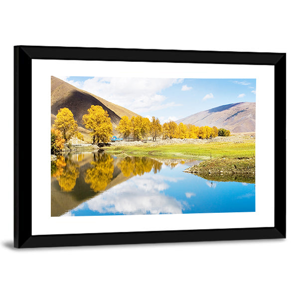 Autumn Mountain Lake with Golden Trees Canvas Wall Art