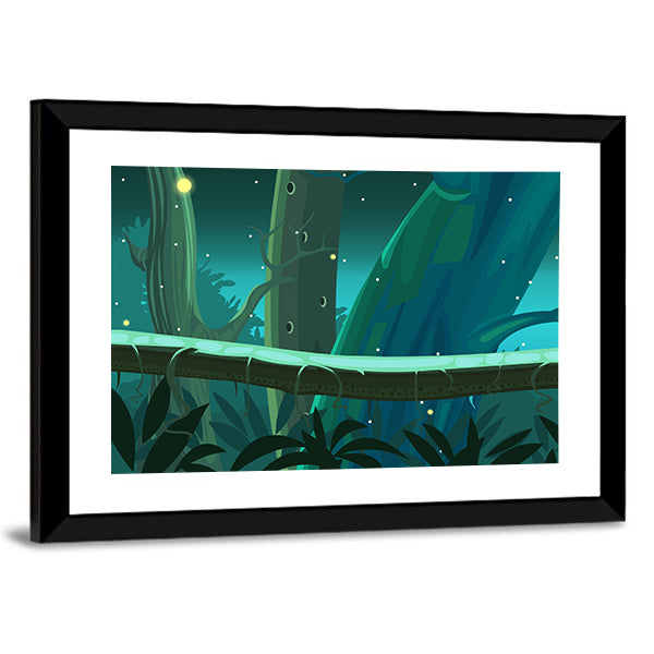 Mossy Tree Trunk with Glowing Fireflies Canvas Wall Art