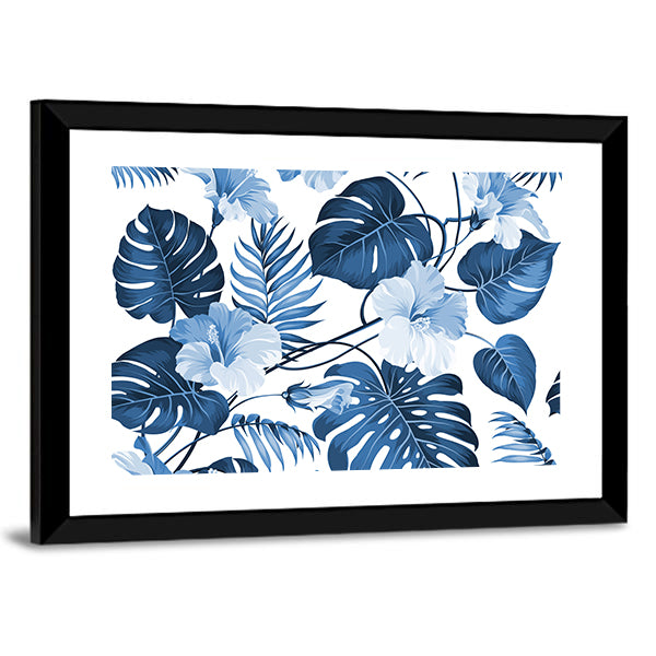 Navy Blue Tropical Leaves Pattern Canvas Wall Art