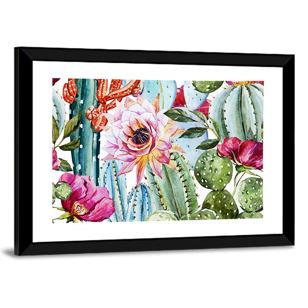 Watercolor Cactus Pattern with Pink Blooms Canvas Wall Art