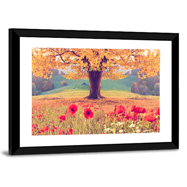 Red Poppies and Golden Tree Canvas Wall Art