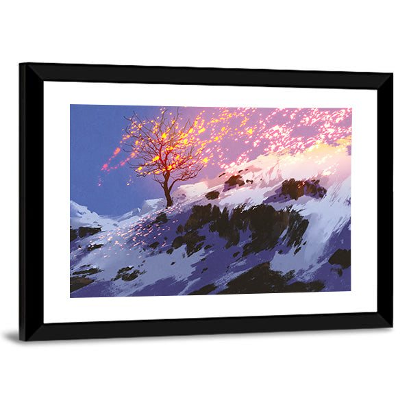 Lone Tree with Glowing Sparks at Twilight Canvas Wall Art
