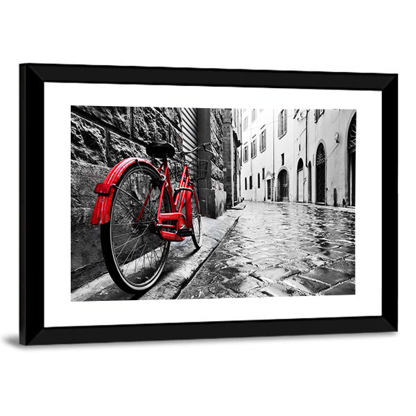 Red Bicycle on Cobblestone Street Canvas Wall Art
