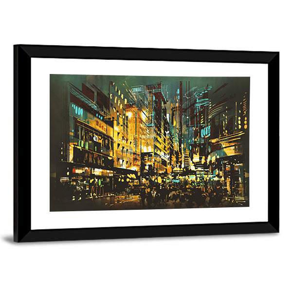 Abstract Night Cityscape with Golden Lights Canvas Wall Art