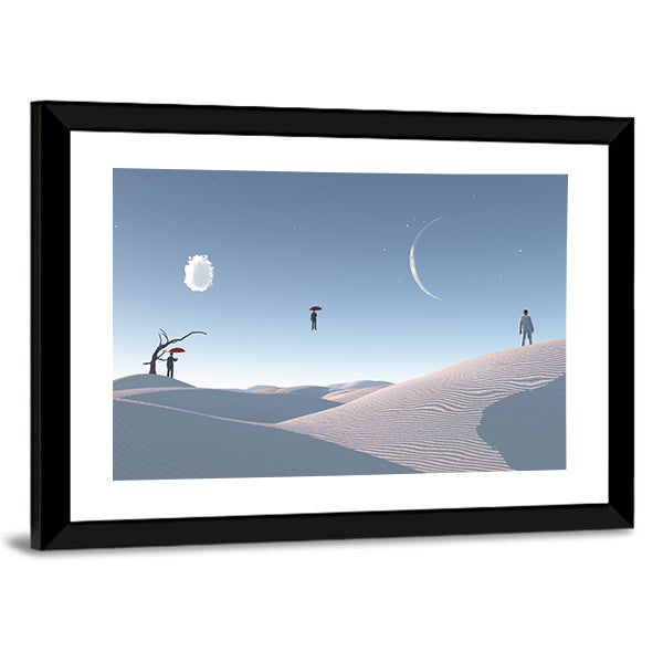 Floating Man with Umbrella in Surreal Desert Canvas Wall Art