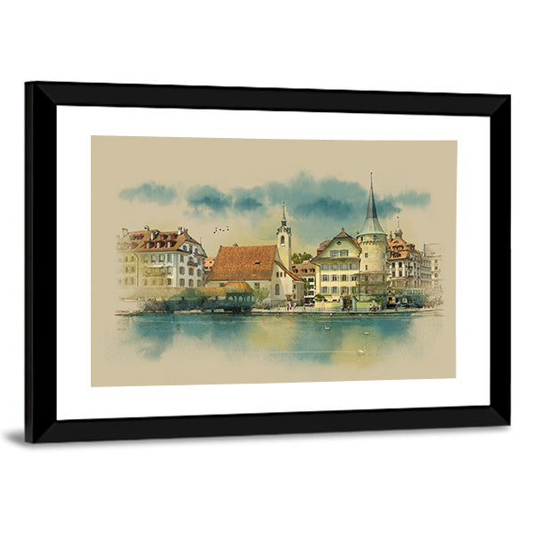 Sketch Of Lucerne Town In Switzerland Canvas Wall Art