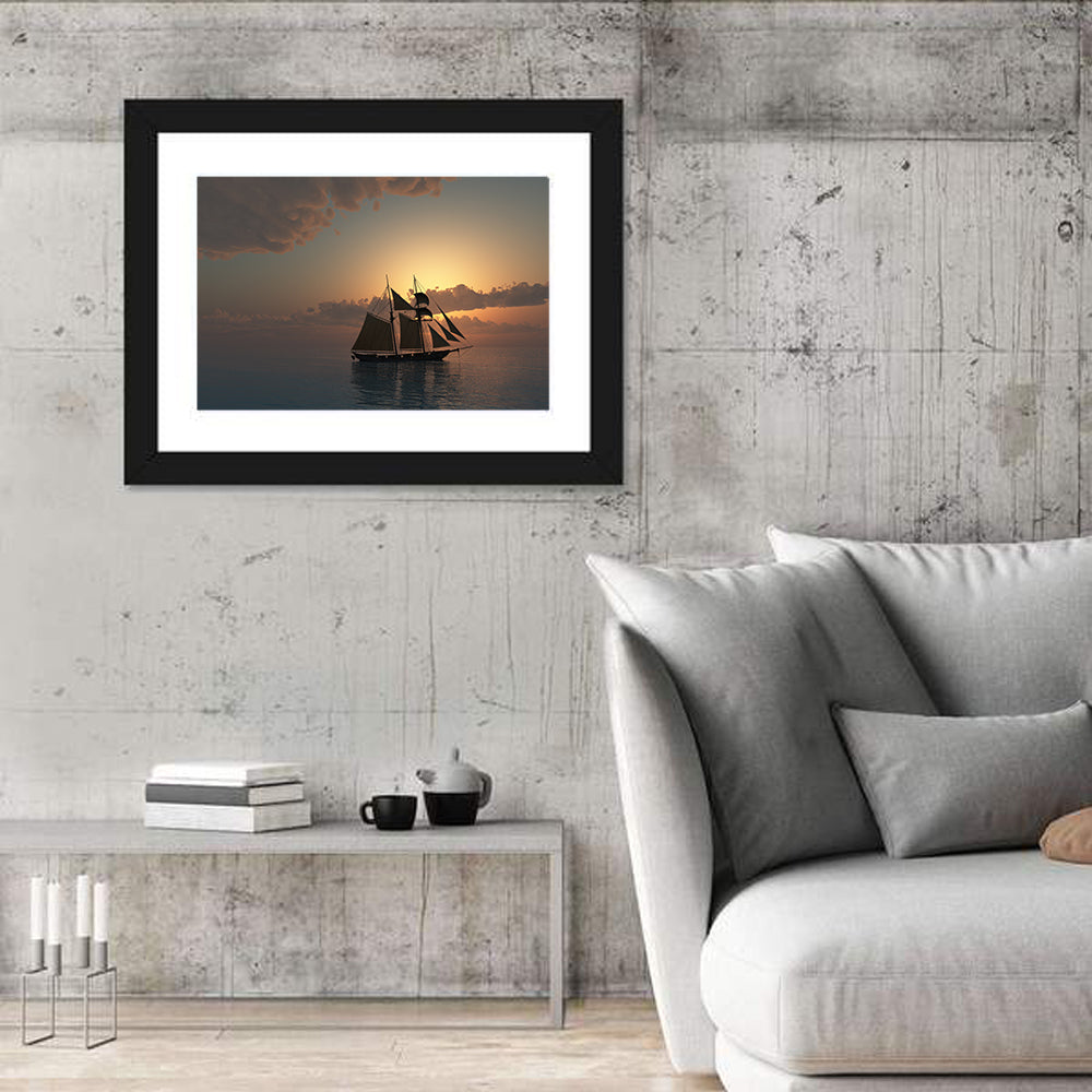 Schooner at Sunset on the Sea Canvas Wall Art