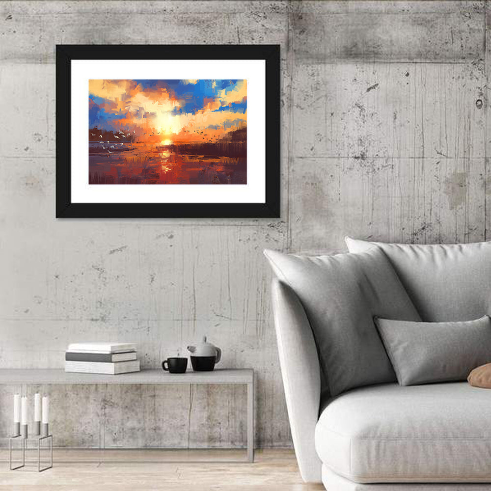 Golden Sunset Over Lake with Birds Canvas Wall Art