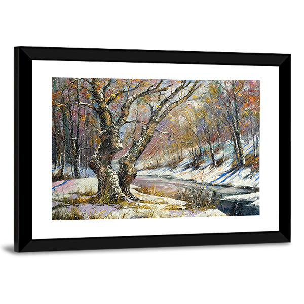 Winter River in Snowy Wood Canvas Wall Art