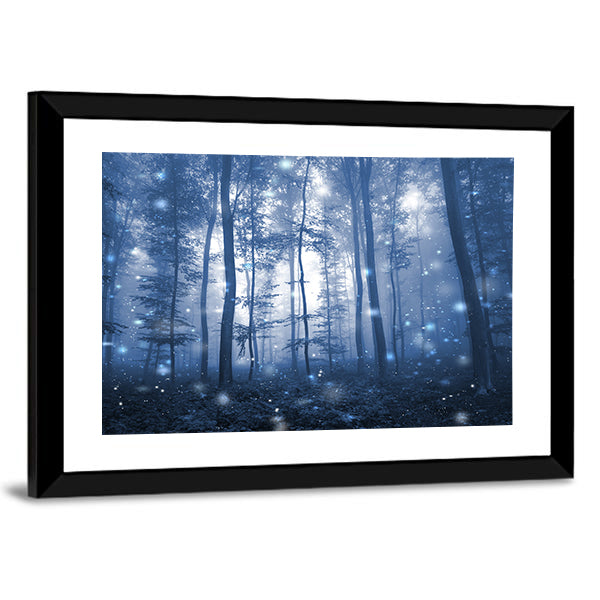 Blue Fog Forest with Glowing Orbs Canvas Wall Art