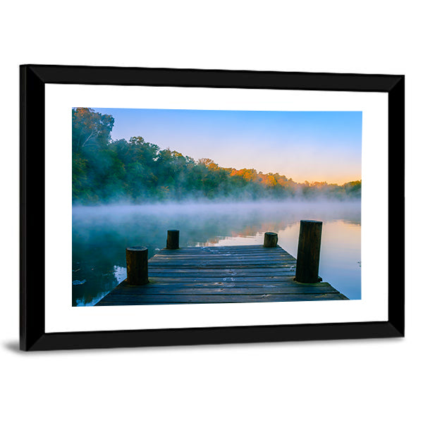Wooden Dock at Misty Forest Lake Canvas Wall Art