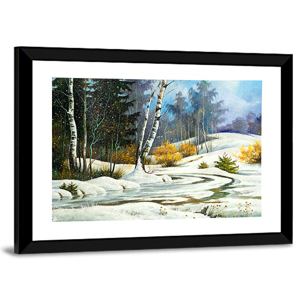 Winter Birch Forest with Frozen Stream Canvas Wall Art