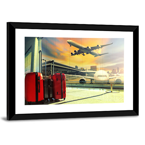 Red Suitcases and Plane at Sunset Canvas Wall Art