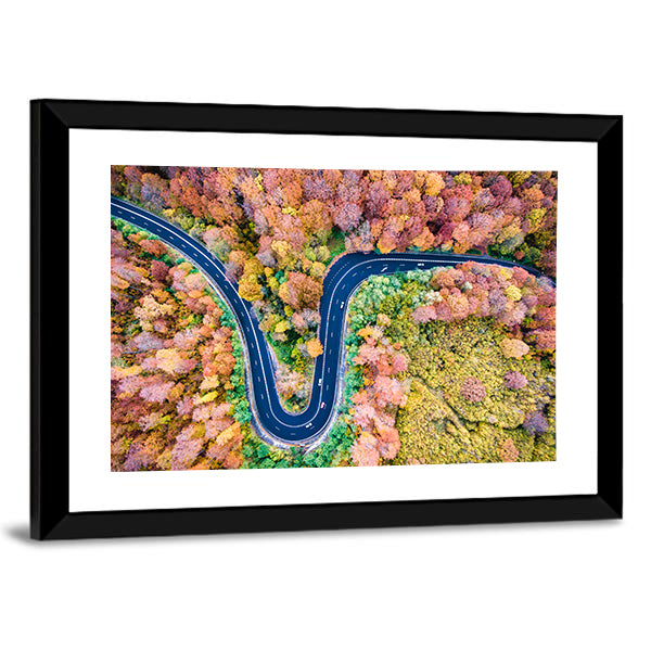 Curved Winding Road Through The Forest Canvas Wall Art