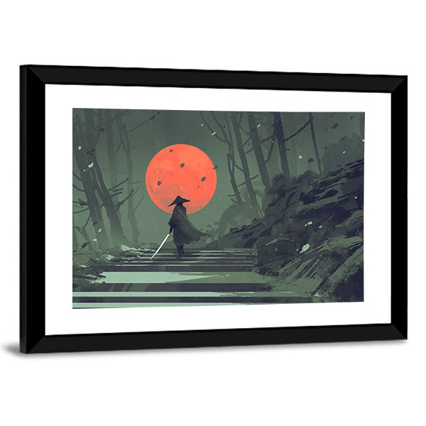 Samurai Standing On Stairway In Night Forest Under Red Moon Canvas Wall Art