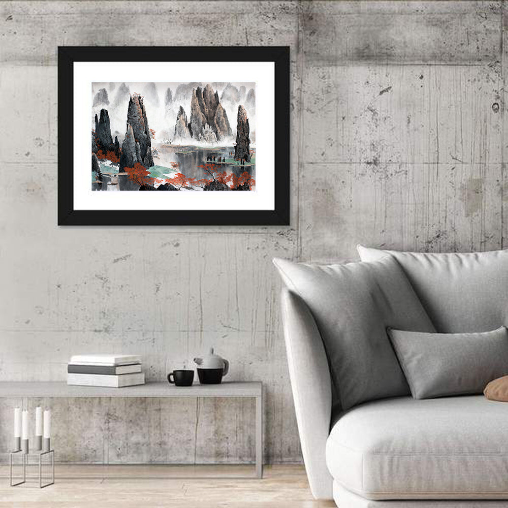 Misty Chinese Mountains with Red Autumn Trees Canvas Wall Art