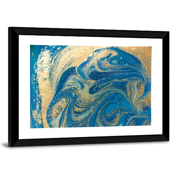 Hand Drawn Blue and Gold Marbling Canvas Wall Art