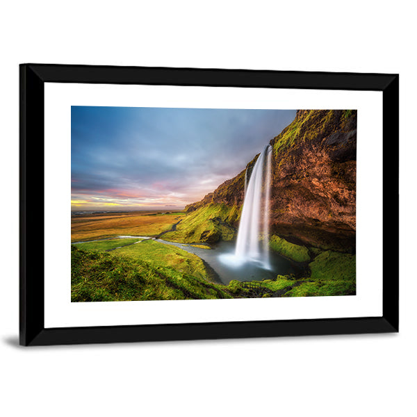 Seljalandsfoss Waterfall At Sunset In Iceland Canvas Wall Art